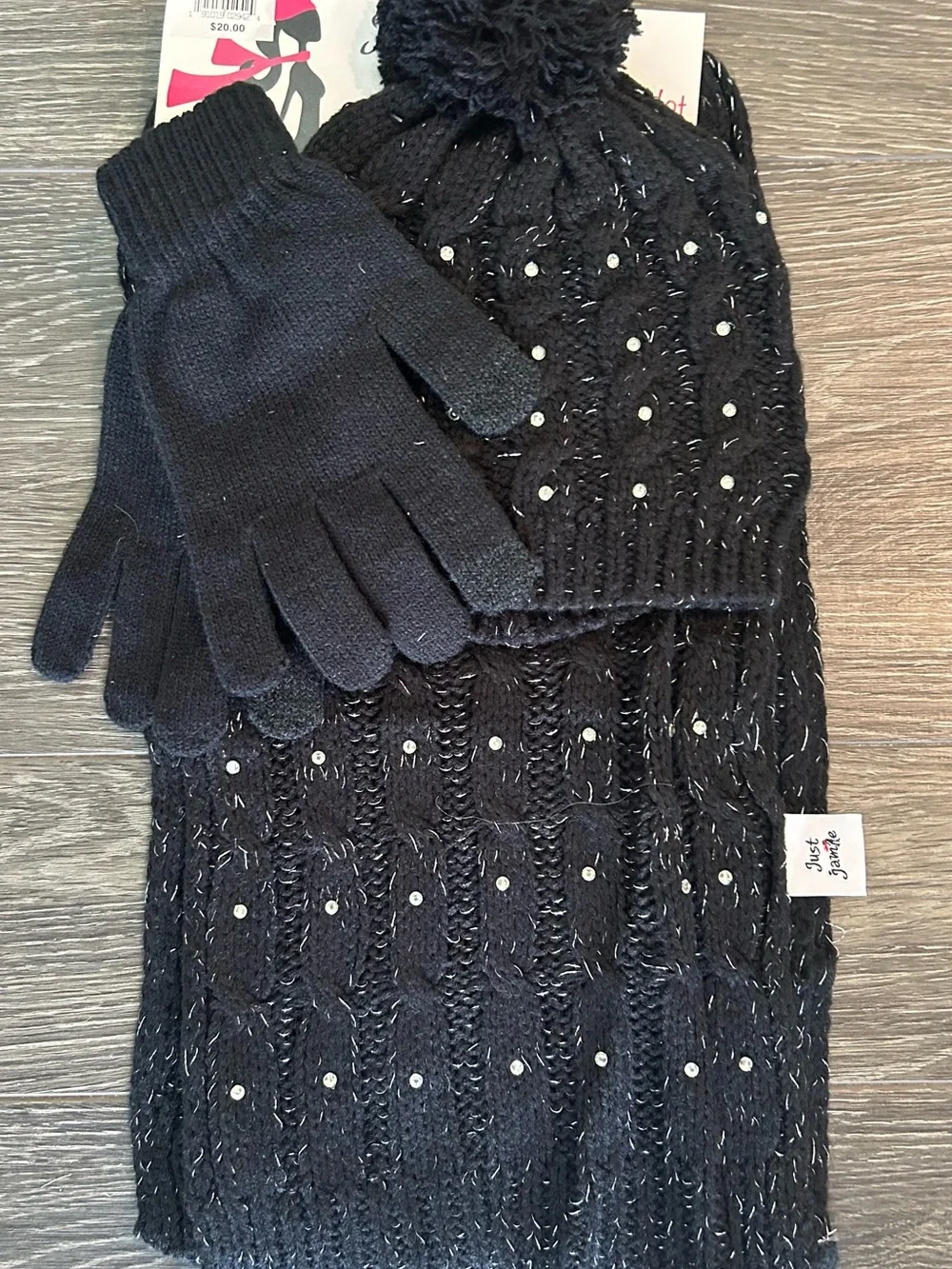 Just Jamie Black Beaded Knit Hat, Scarf & Glove Set
